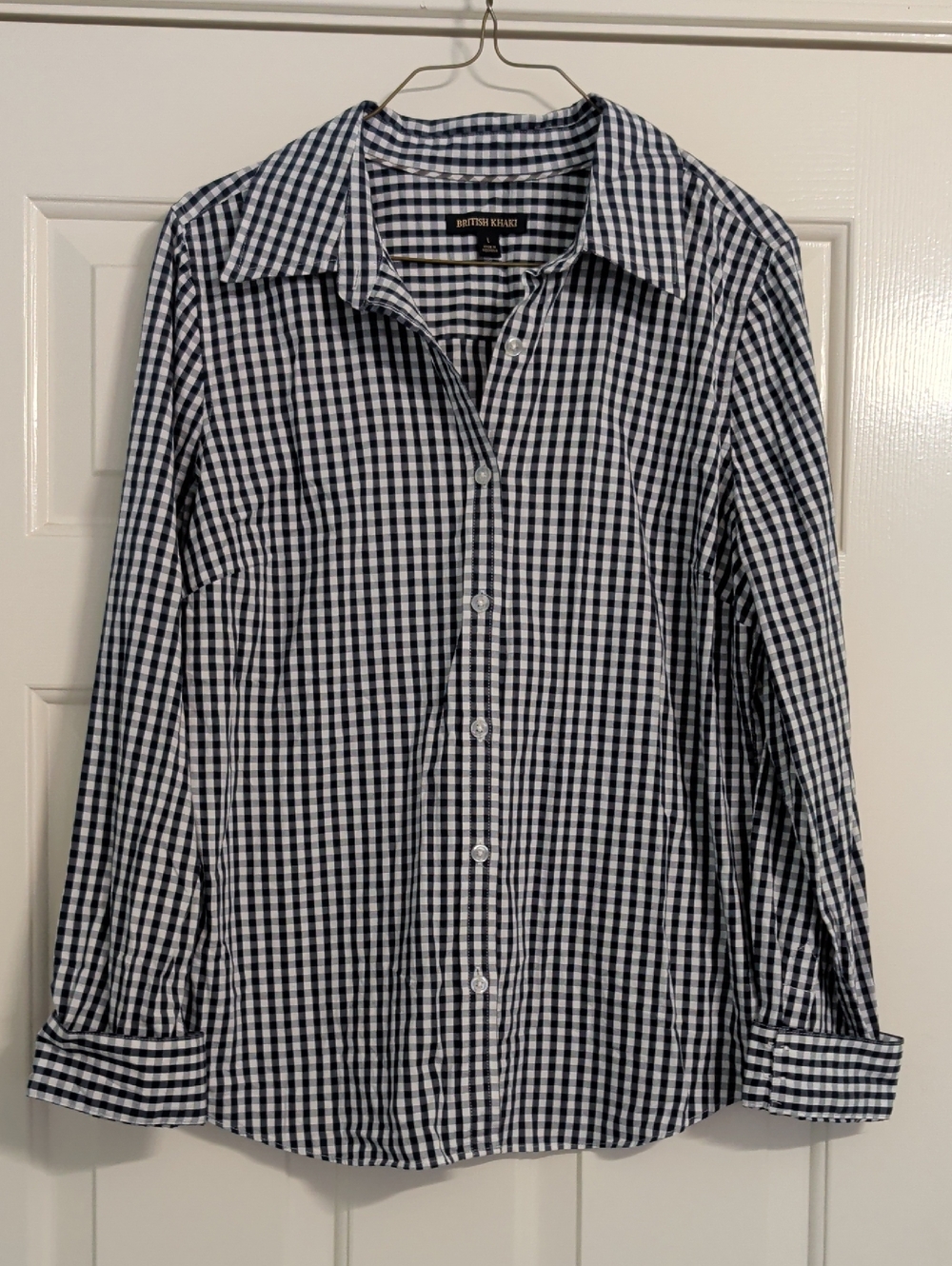Cotton Women's British Khaki Navy and White Gingham Button-Down Shirt Large